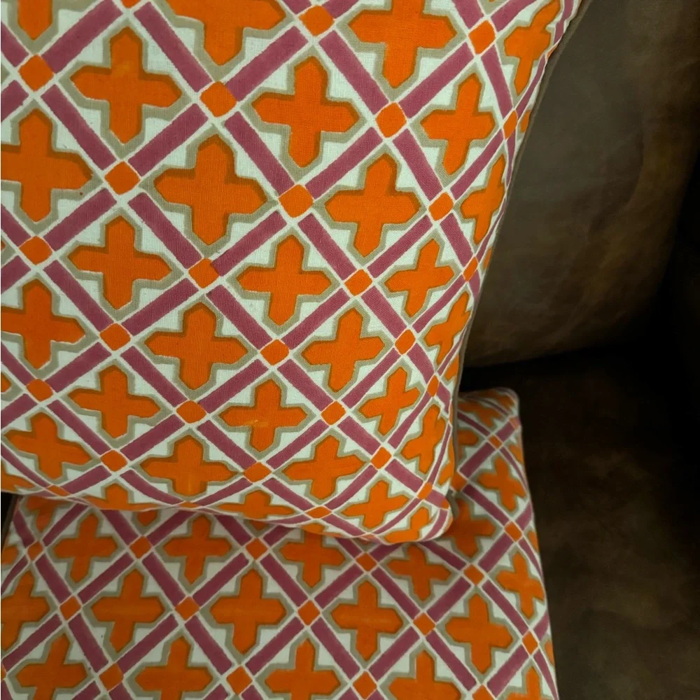 Two Jonathan Adler Accent Pillows 16” Square in Bold Orange & Purple Print